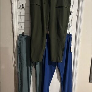Olive, Blue, and Teal Jogger Pants